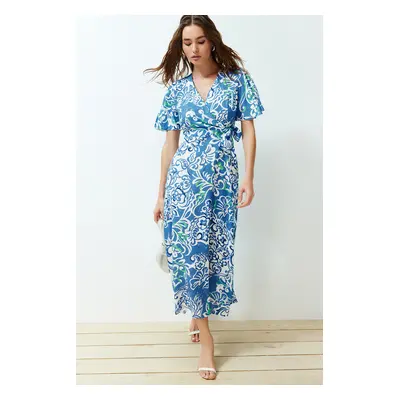 Trendyol Blue Floral Double Breasted Viscose Midi Woven Dress