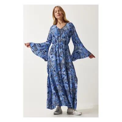 Happiness İstanbul Women's Blue Patterned Summer Viscose Dress