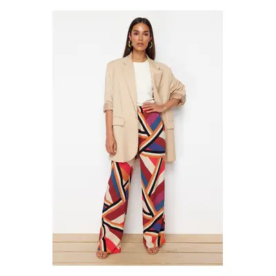 Trendyol Red Wide Leg Patterned Woven Trousers with Elastic Waist Tie Detail