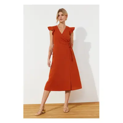 Trendyol Tile Double Breasted Ruffle Detail Linen Look Midi Woven Dress