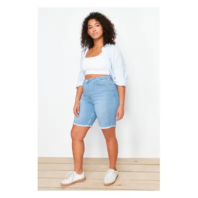 Trendyol Curve Blue Leg Tassel Detailed Stretchy Skinny Denim Shorts