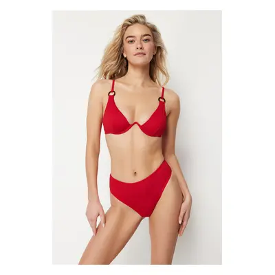 Trendyol Red Textured High Waist Regular Bikini Bottom