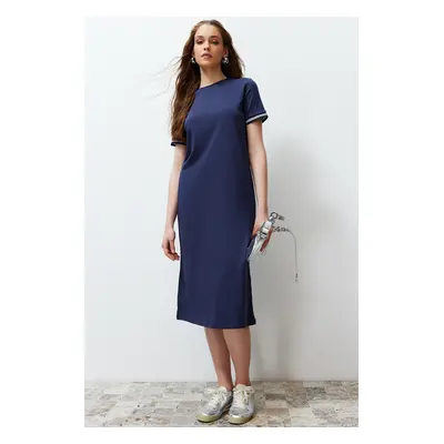 Trendyol Navy Blue Knitwear Band Detailed Crew Neck Short Sleeve Flexible Midi Knitted Maxi Dres