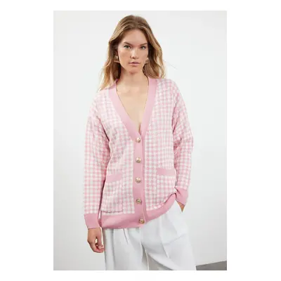 Trendyol Pink Wide Fit Houndstooth Knitwear Cardigan