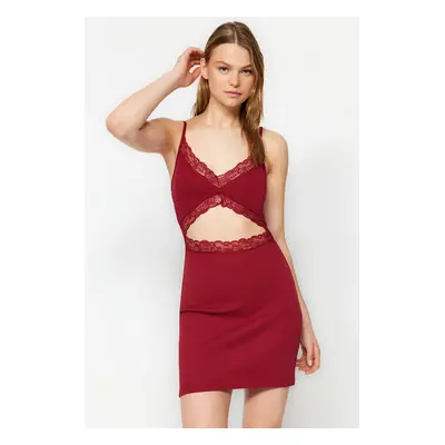 Trendyol Burgundy Cotton Lace Rope Strap Ribbed Knitted Nightgown