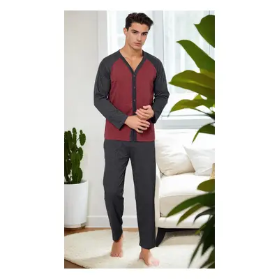 J5629 Dewberry Mens Buttoned Long Sleeve Pyjama Set-BORDEAUX