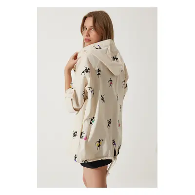 Happiness İstanbul Women's Cream Pink Printed Hooded Raw Linen Jacket