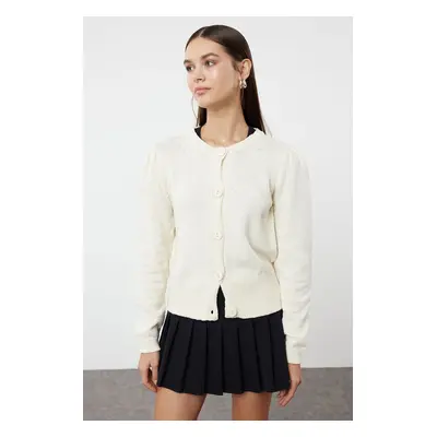 Trendyol Ecru Cotton Crew Neck Jacket Look Knitwear Cardigan