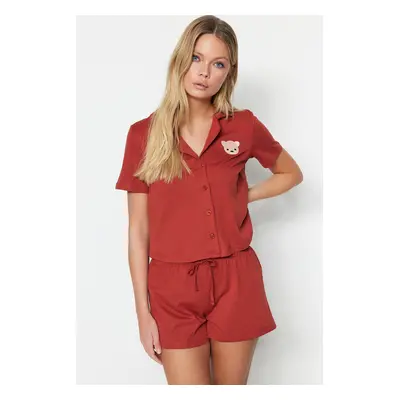 Trendyol Cinnamon Bear Shorts Knitted Pajama Set