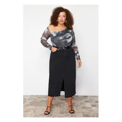 Trendyol Curve Anthracite Tulle Lined Asymmetric Collar Knitted Blouse