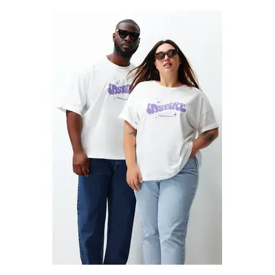 Trendyol Large Size Ecru Unisex Oversize Comfortable 100% Cotton Printed Couple T-Shirt