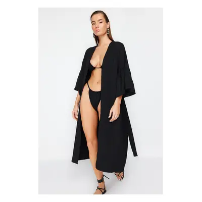 Trendyol Black Belted Maxi Woven Flounce Linen Blended Kimono & Kaftan