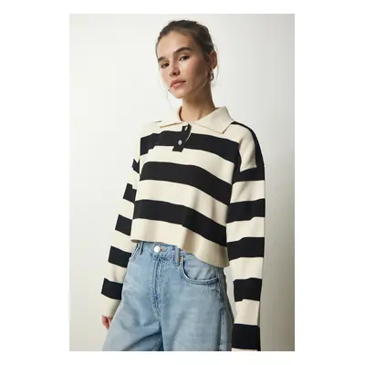 Happiness İstanbul Women's Cream Black Stylish Buttoned Collar Striped Crop Knitwear Sweater