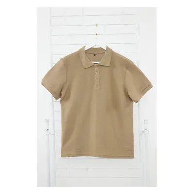 Trendyol Mink Regular Cut Short Sleeve Textured Buttoned Polo Neck T-shirt