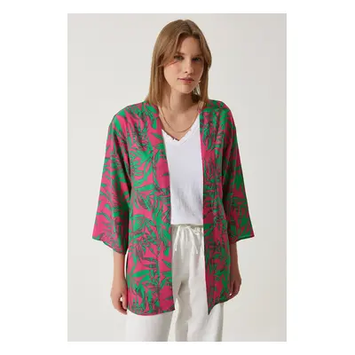 Happiness İstanbul Women's Pink Green Patterned Viscose Kimono