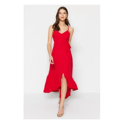 Trendyol Red Belted A-Cut Flounced Button Detailed Woven Maxi Dress