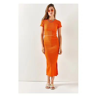 Olalook Women's Orange Short Sleeve Slit Skirt Lycra Suit