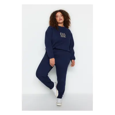 Trendyol Curve Navy Blue Tlusté fleecové pletené tepláky