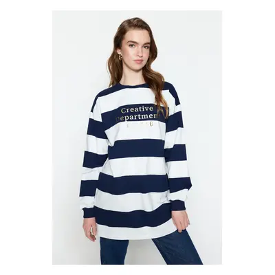 Trendyol Navy Blue Oversize Printed Knitted Striped Tunic