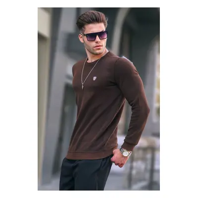 Madmext Dark Brown Crew Neck Regular Fit Basic Sweatshirt