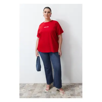 Trendyol Curve Red Slogan Printed Oversize 100% Cotton Knitted Plus Size T-shirt