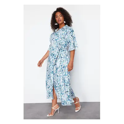 Trendyol Curve White-Blue Shally Woven Plus Size Dress