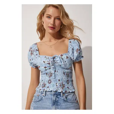 Happiness İstanbul Women's Sky Blue Floral Gathered Collar Knitted Crop Blouse