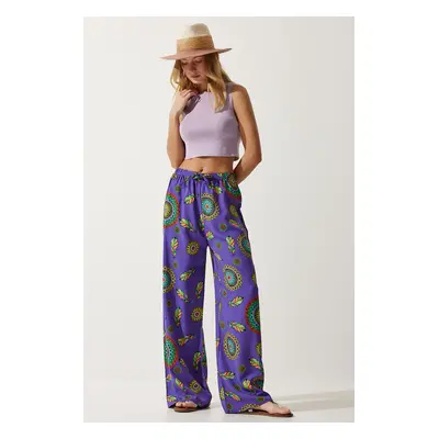 Happiness İstanbul Women's Purple Patterned Flowing Viscose Palazzo Trousers