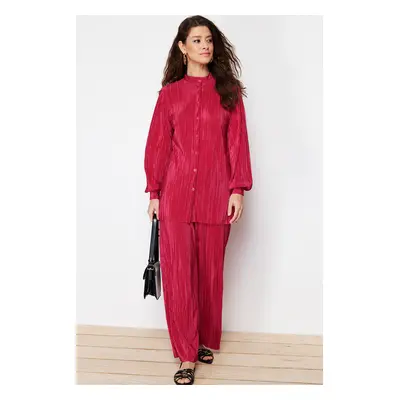 Trendyol Fuchsia Pleated Knitted Top-Bottom Set