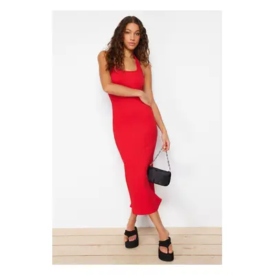 Trendyol Red Fitted Square Neck Ribbed Stretchy Knitted Maxi Pencil Dress