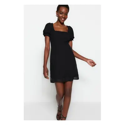 Trendyol Black Straight Cut Mini Woven Chiffon Lined Square Collar Woven Dress