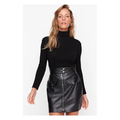 Trendyol Black Belt Zipper Detail Faux Leather Mini Woven Skirt