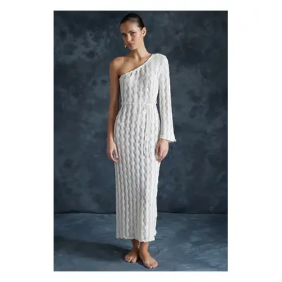 Trendyol Beige Belted Max Knitwear Appearance One-Shoulder Beach Dress