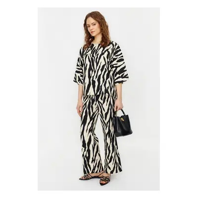 Trendyol Mink Three Quarter Sleeve Zebra Patterned Tunic Trousers Woven Bottom Top Set