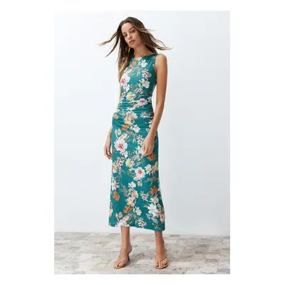 Trendyol Green Floral Printed Bright Surface Ski Rock Body Fitting Flexible Knitted Pencil Dress