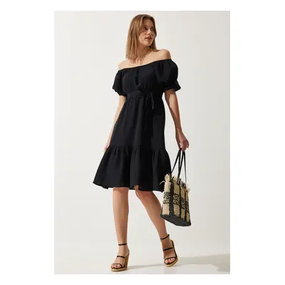 Happiness İstanbul Women's Black Carmen Collar Belted Summer Muslin Dress