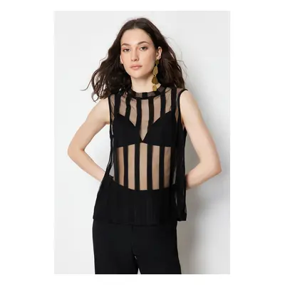 Trendyol Black Sheer Crew Neck Regular/Regular Fit Knitted Blouse