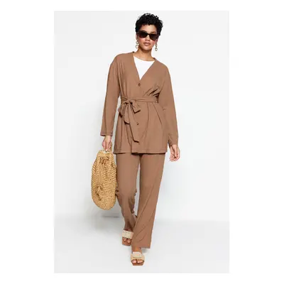 Trendyol Beige Belted Oversize Ribbed Knit Tunic-Pants Set