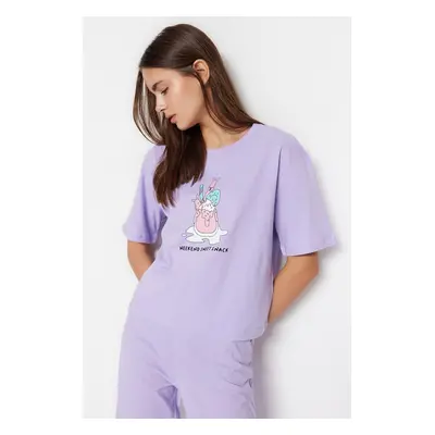 Trendyol Lilac Cotton Fun Printed T-shirt-Pants Knitted Pajama Set