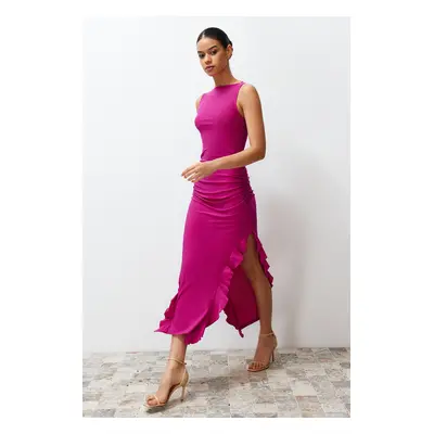 Trendyol Fuchsia Bodycone Zero Sleeve Slit Ruffle Detailed Stretchy Thick Sandy Maxi Pencil Dres