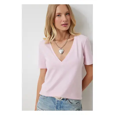 Happiness İstanbul Women's Pink V-Neck Basic Knitted T-Shirt