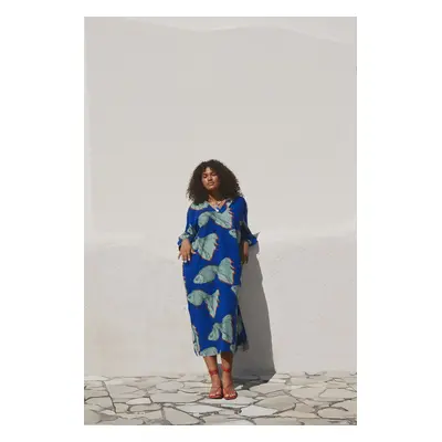 Trendyol Curve Blue Fish Patterned Slit Detailed Balloon Sleeve Woven Beach Dress