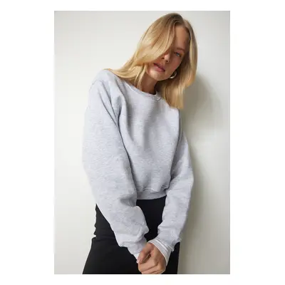 Happiness İstanbul Women's Gray Melange Raised Crop Sweatshirt