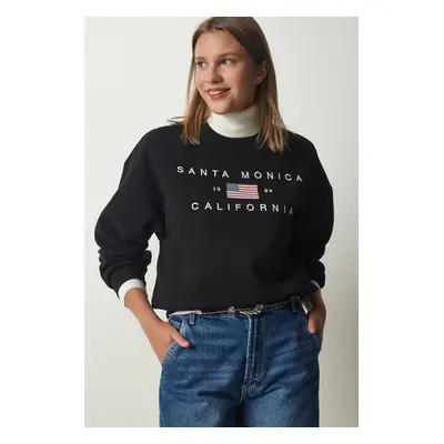 Happiness İstanbul Women's Black Embroidered Raised Knitted Sweatshirt