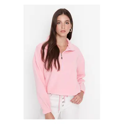 Trendyol Light Pink Zipper Detailed Fleece Knitted Sweatshirt