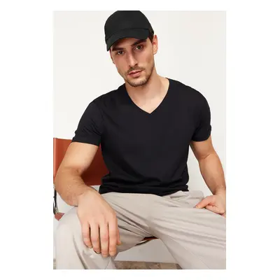 Trendyol Black Regular/Normal Cut V-Neck Basic 100% Cotton T-Shirt