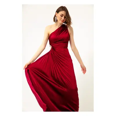 Lafaba Women's Red One-Shoulder Decollete Long Evening Dress