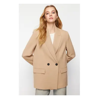 Trendyol Camel Oversize Straight Cut Basic Double Breasted Woven Blazer Jacket