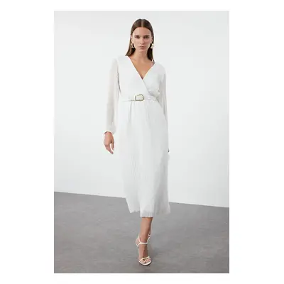 Trendyol Ecru Belted A-Line Pleated Maxi Lined Chiffon Woven Dress