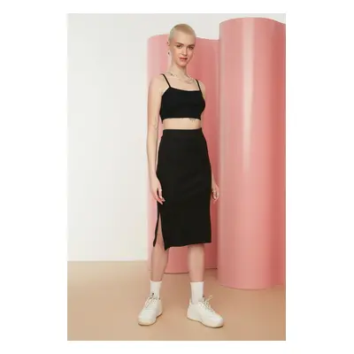 Trendyol Black With Double Slits, Fitted High Waist Ribbed Flexible Midi Knitted Skirt